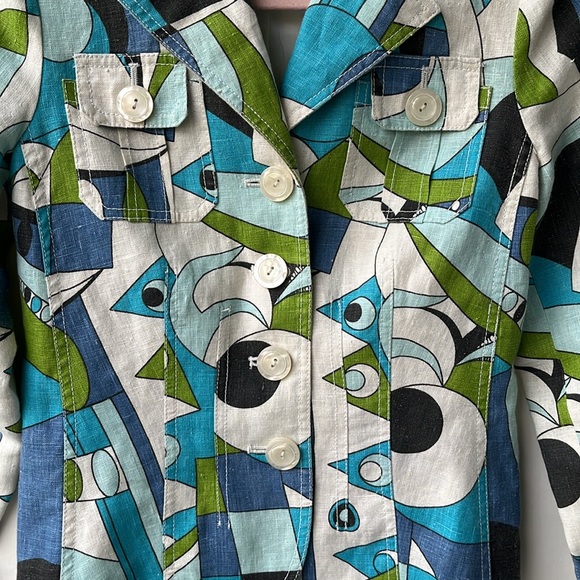 Vintage Linen Harve Benard Jacket Petite Geometric Pattern Blue Green Turquoise - Picture 3 of 8